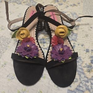 Betsey Johnson Black Sandals with Purple, Yellow & Red Floral Appliqués